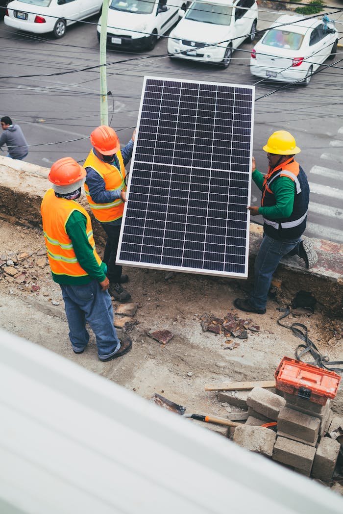 Solar Technicians Carrying Solar Panel